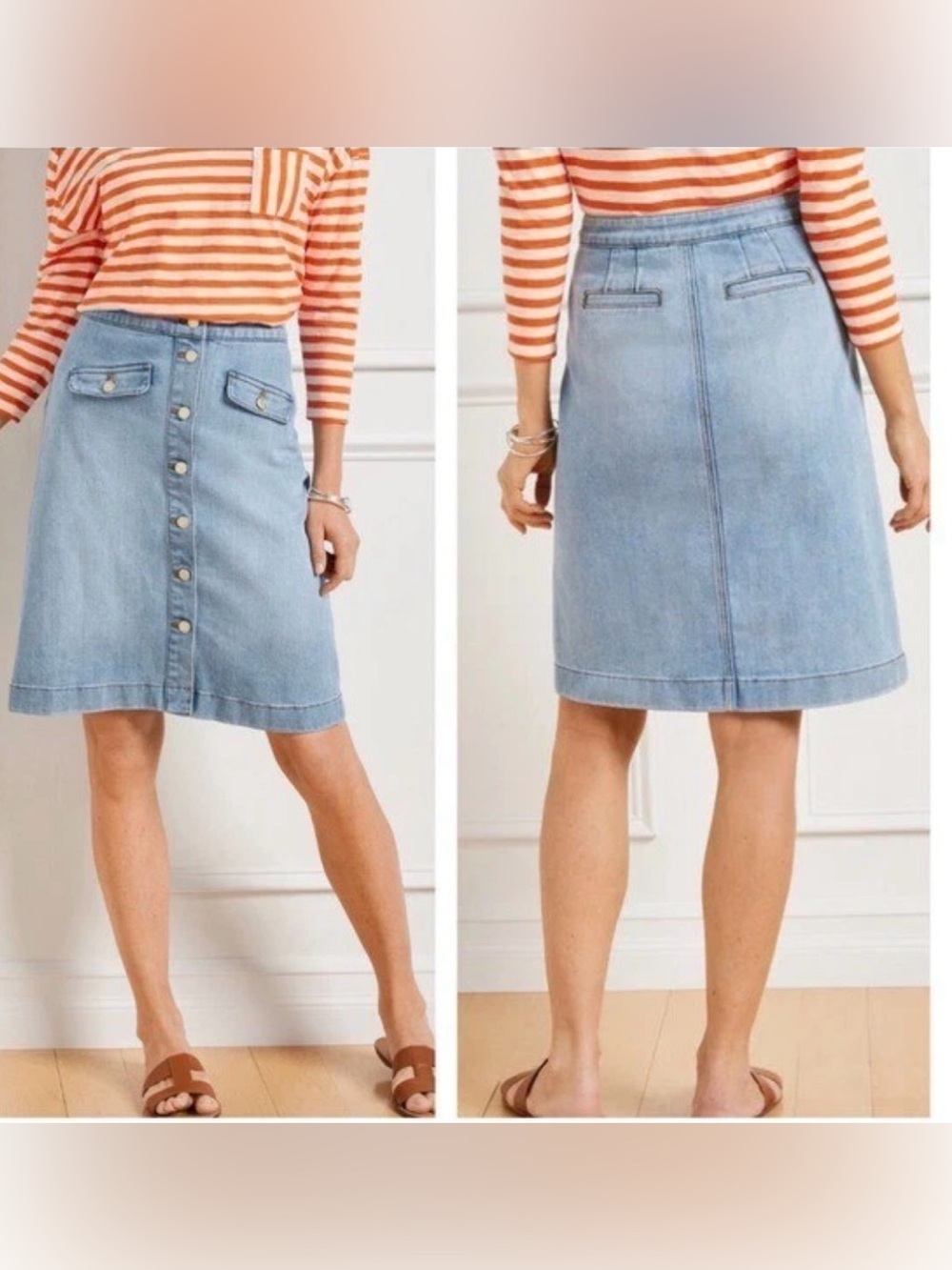 Talbots Petite Denim Button Front A-Line Skirt Light Wash Size 4P